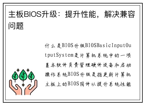 主板BIOS升级：提升性能，解决兼容问题